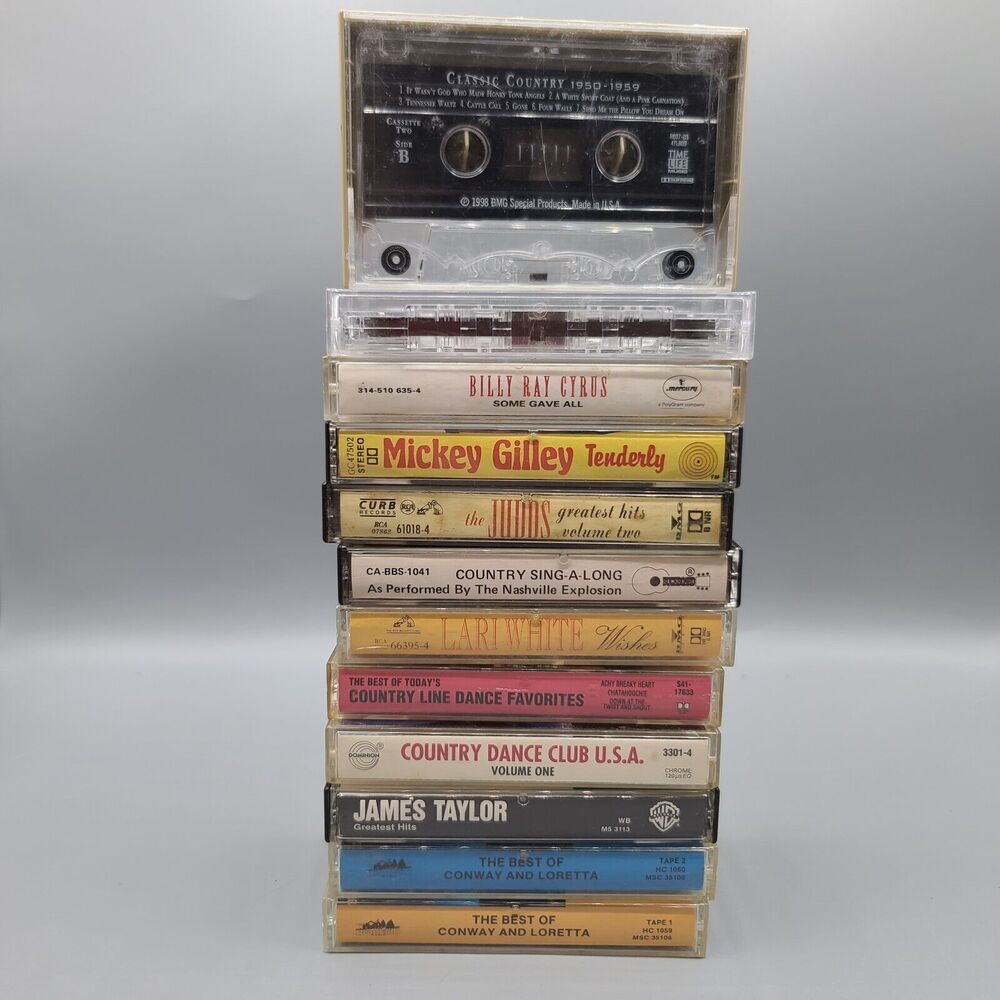 Vintage Lot of 12 Country Music Cassette Tapes Loretta Lynn James Taylor Etc